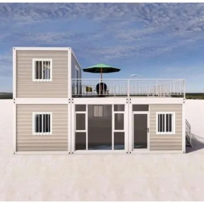 It's a prefabricated house with a gray exterior and a glass curtain wall that looks very upscale